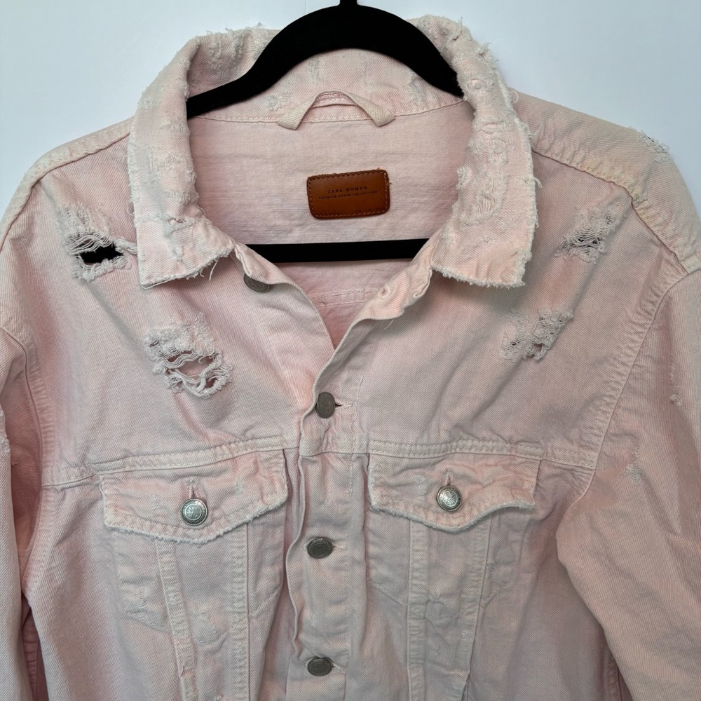 Zara Women’s Premium Denim Jacket Button Up Distressed Pink Size Large